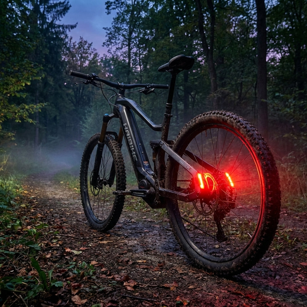 Haibike E-Mountainbike mit leuchtendem TTL Rücklicht für Yamaha auf nebligem Waldweg.