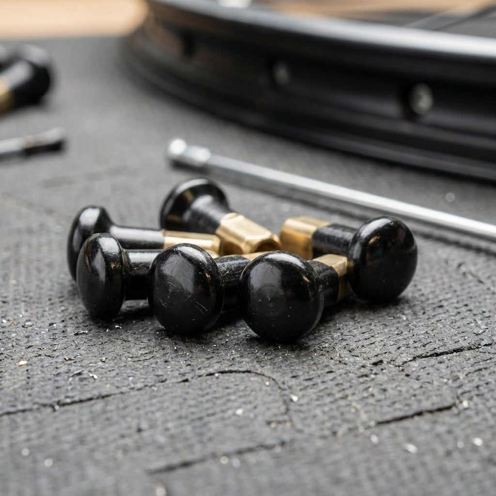DT SWISS Nippel M 2X14 schwarz Rundkopf für Fahrradspeichen, Felge und Speiche auf Werkbank.