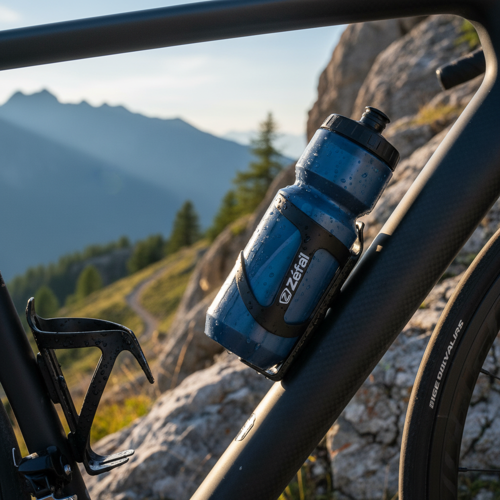 Zefal Trinkflaschenhalter Wiiz schwarz am Fahrrad mit blauer Trinkflasche in Berglandschaft.