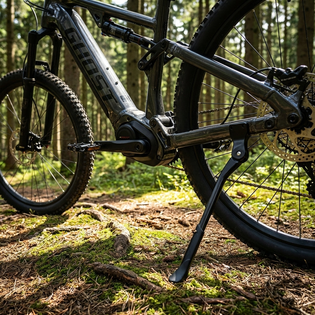 Ghost Riot E-Bike mit XLC Seitenständer Montageplatte KS-X10 im sonnigen Wald.