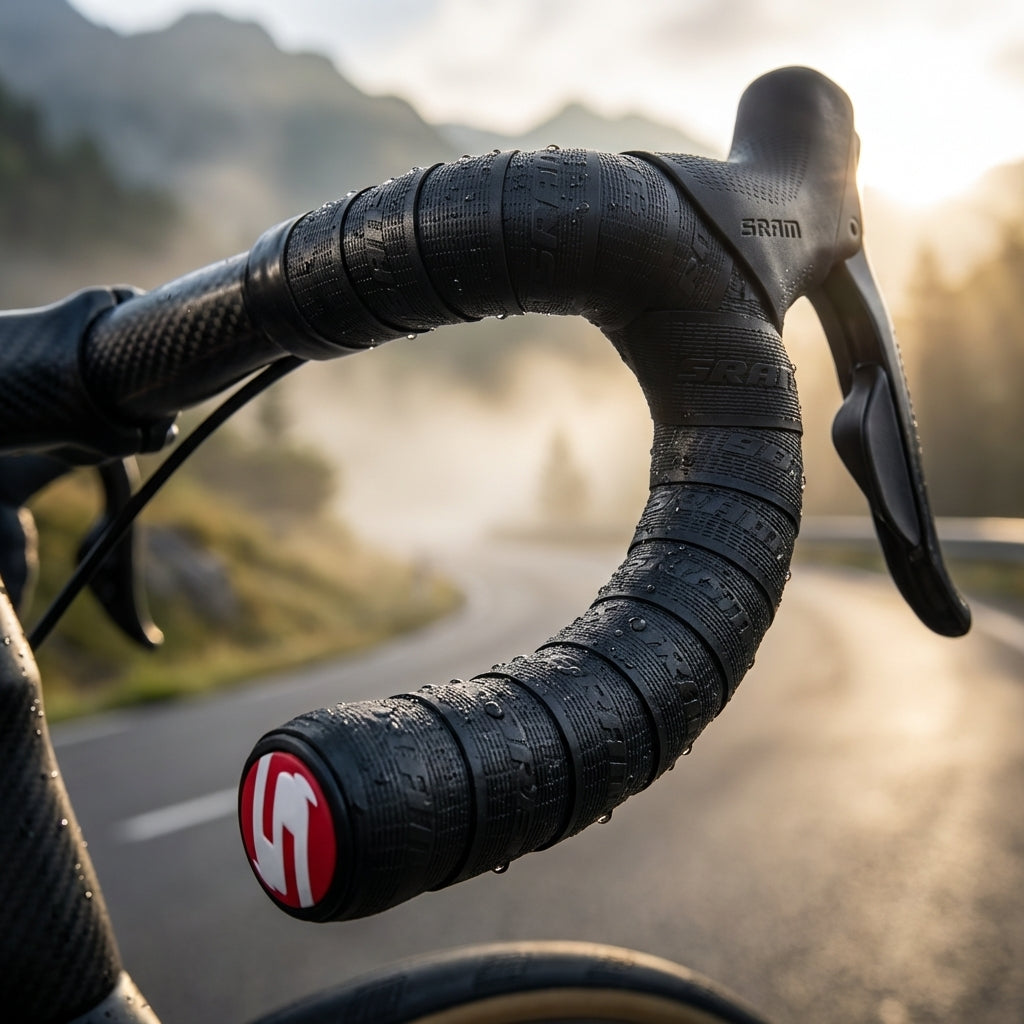 Schwarzes SRAM RED Lenkerband am Rennrad für optimalen Grip und Dämpfung bei jedem Wetter.