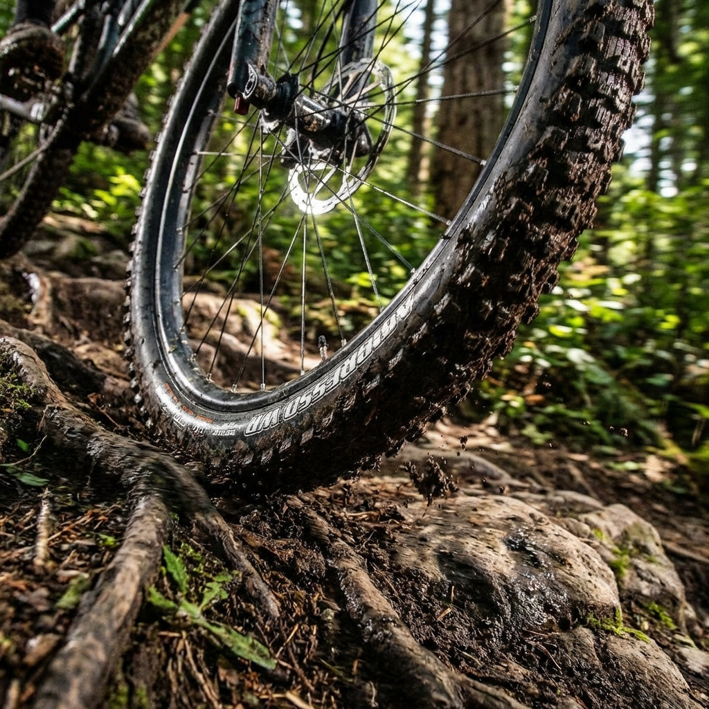 Maxxis Aggressor WT 27.5x2.50 Mountainbike-Reifen auf schlammigem Waldtrail mit Wurzeln und Matsch.