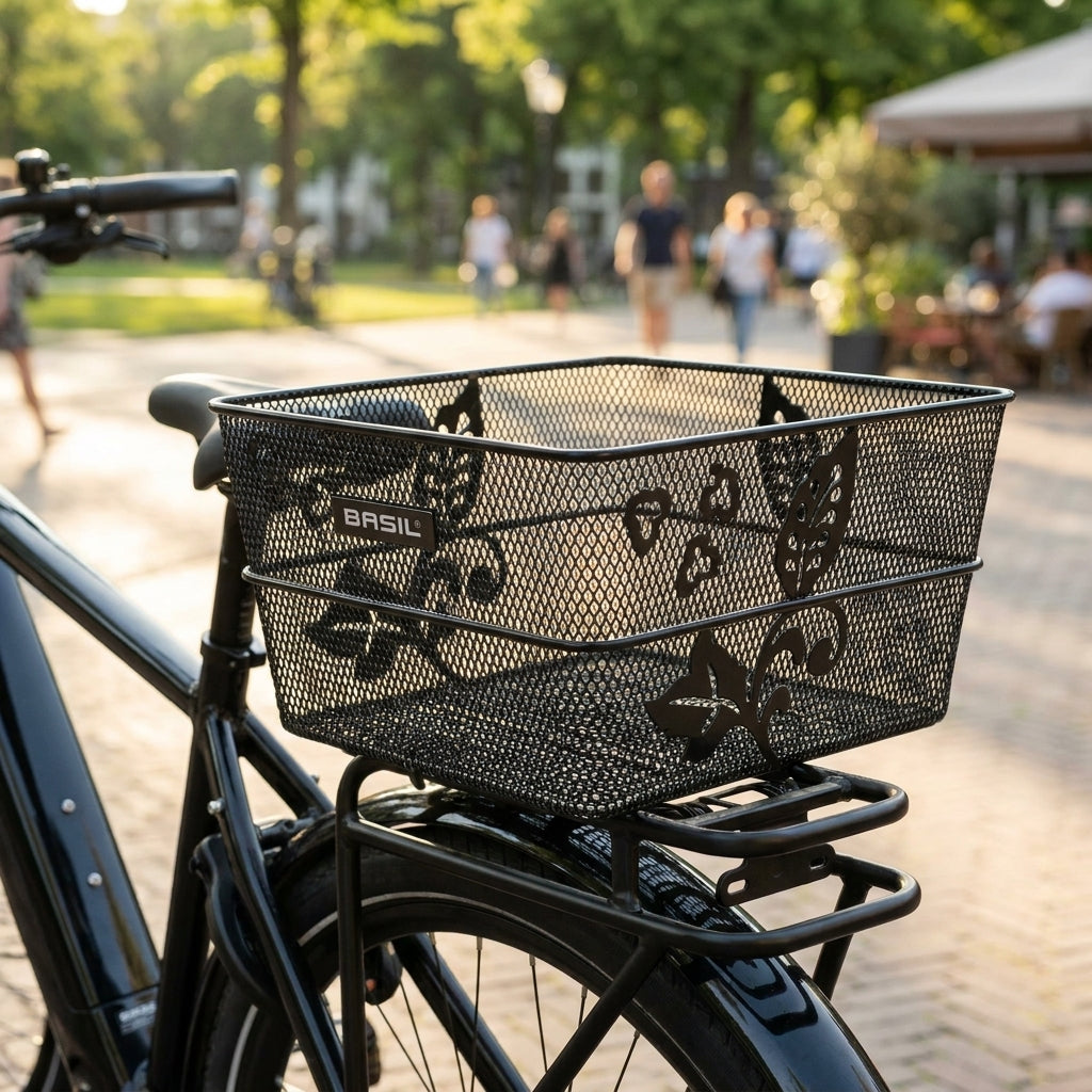 Schwarzer Basil Cento Flower S Hinterradkorb, engmaschig mit Blumenmuster, auf einem Fahrrad.