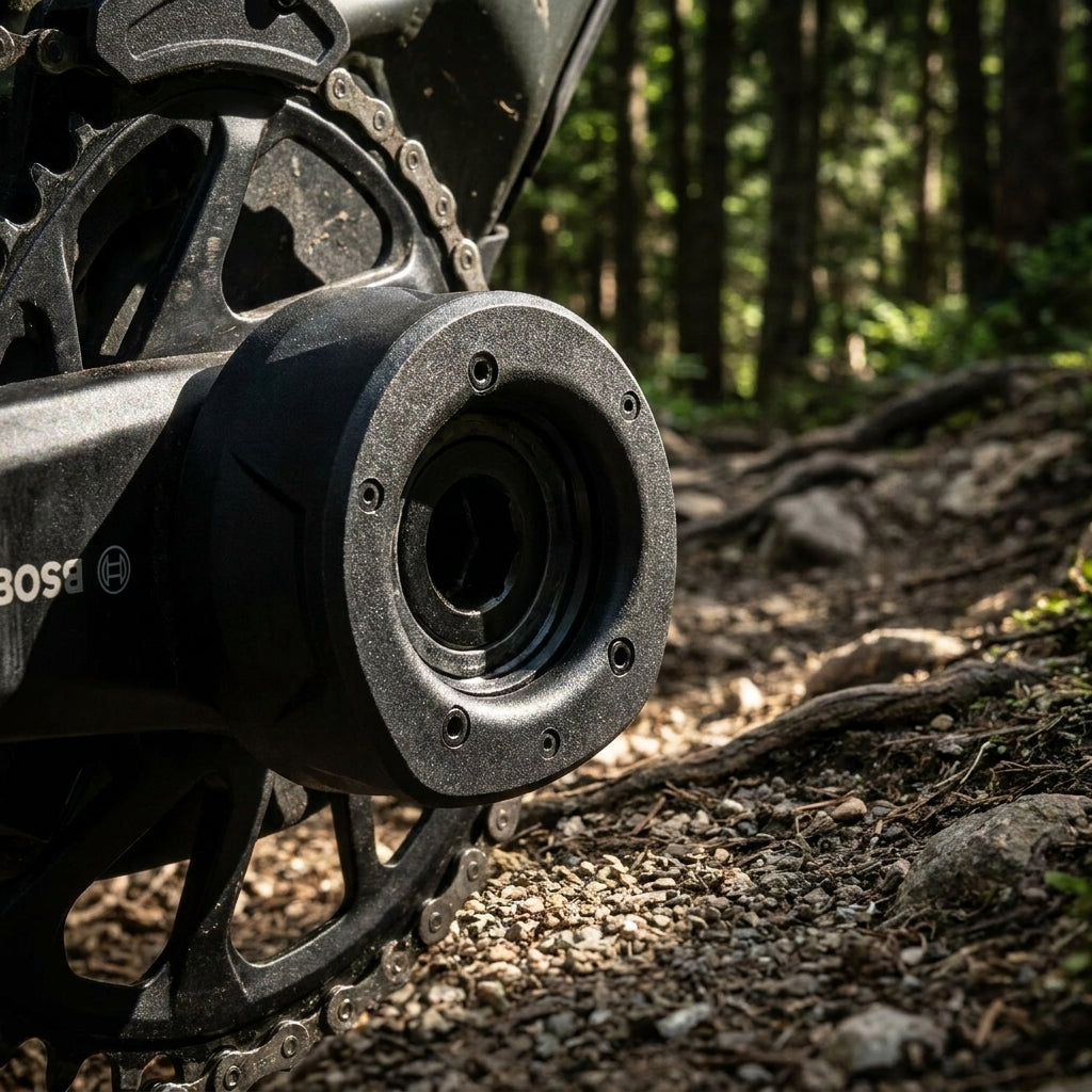 SRAM Kurbelarmschutz Bosch Carbon am E-Bike auf Waldweg.