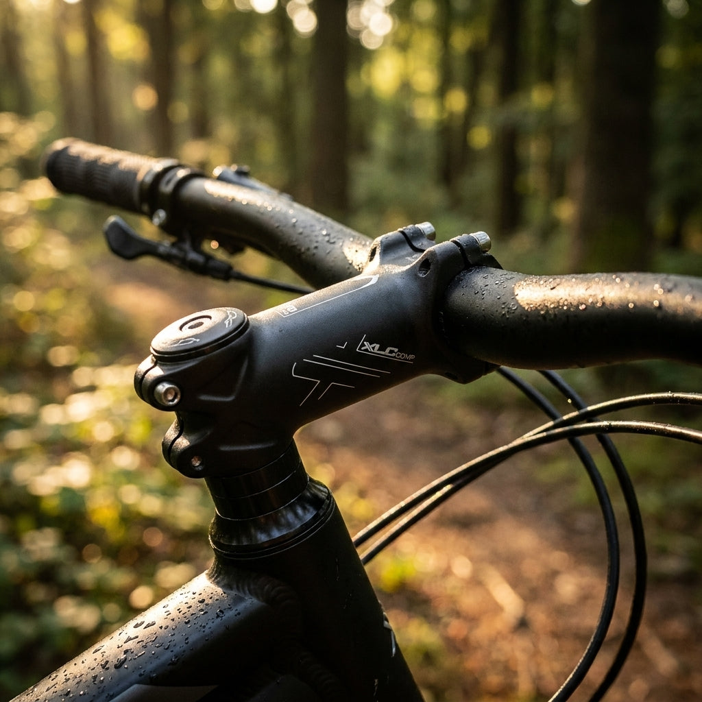 XLC Comp Ahead Vorbau ST-M15 schwarz am Mountainbike im Wald mit Wassertropfen.