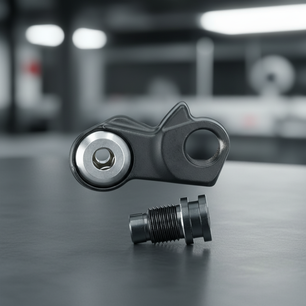 SHIMANO Achseinheit für Schaltwerkhalter RD-R8000 Normal Type und passender Schaltwerkhalter auf dunklem Tisch.