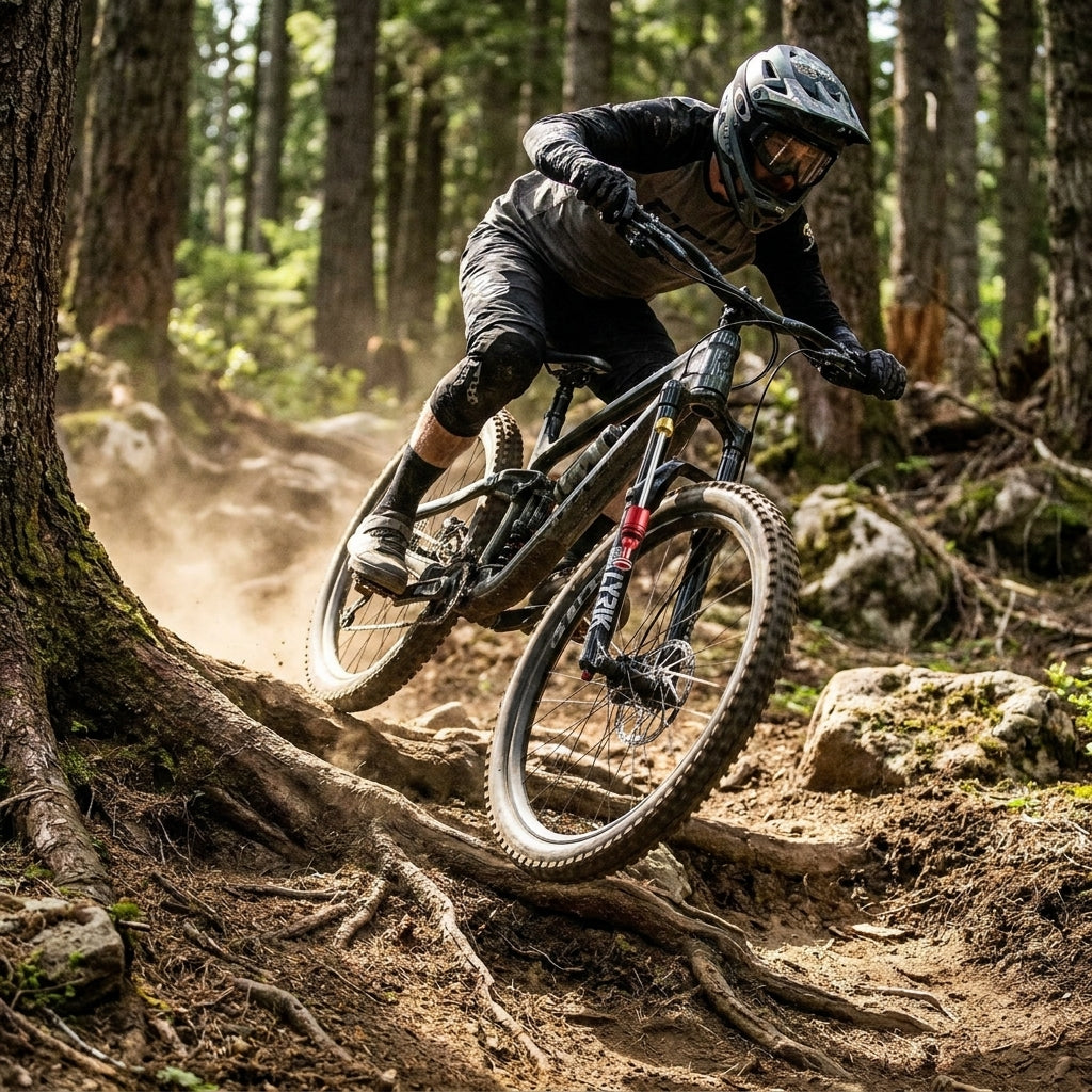Rockshox Lyrik Federgabel am Mountainbike auf staubigem Waldtrail im Einsatz.
