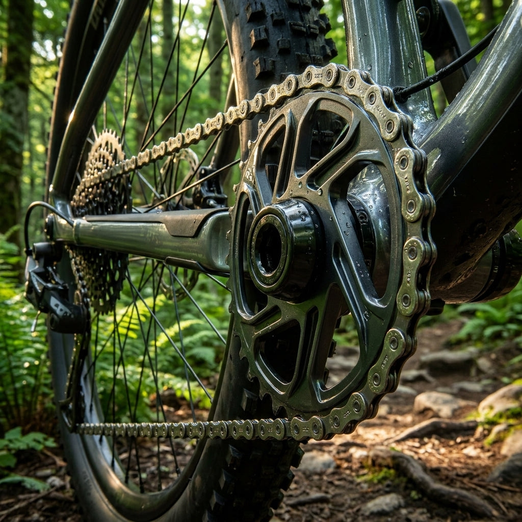 SRAM PowerChain II PC 830 8-fach Fahrradkette am Mountainbike-Antrieb im Wald.
