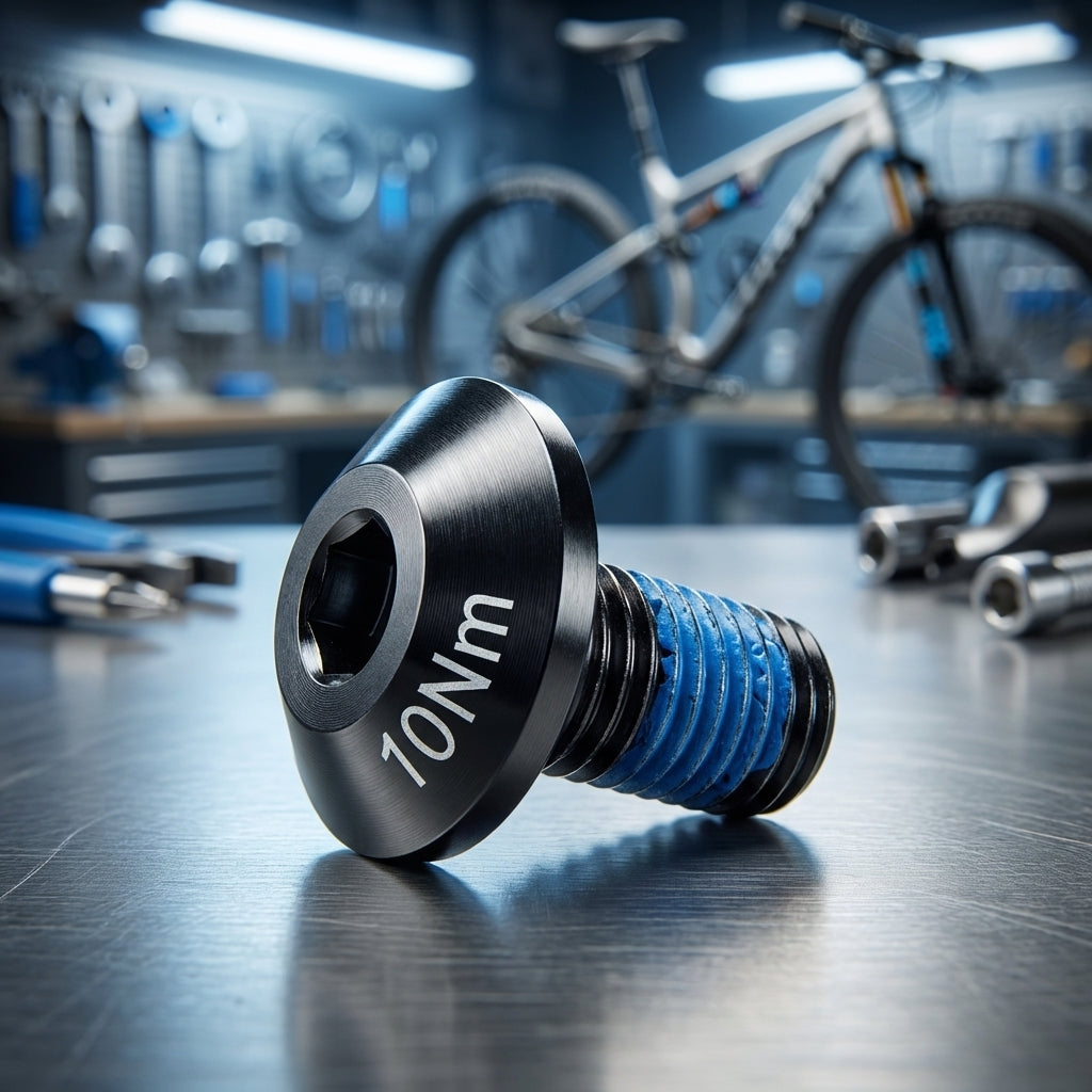 E-Bike Aluminiumschraube, schwarz, für Pulleywheel/Kettenumlenkrolle, 10Nm, mit blauer Gewindesicherung auf Werkbank.