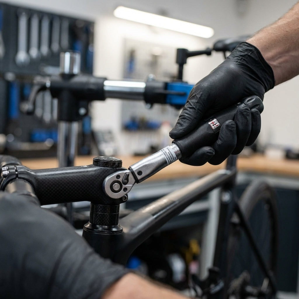Person nutzt XLC Drehmomentschlüssel TO-S87 am Carbon-Fahrradlenker, 4-24 Nm, 1/4", in Werkstatt.