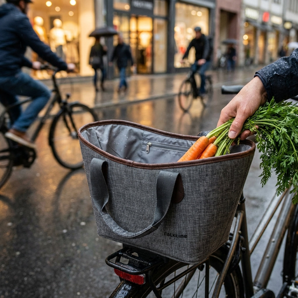 Racktime Agnetha Einkaufskorb grau am Fahrrad, Hand legt Karotten hinein, regnerische Stadt.