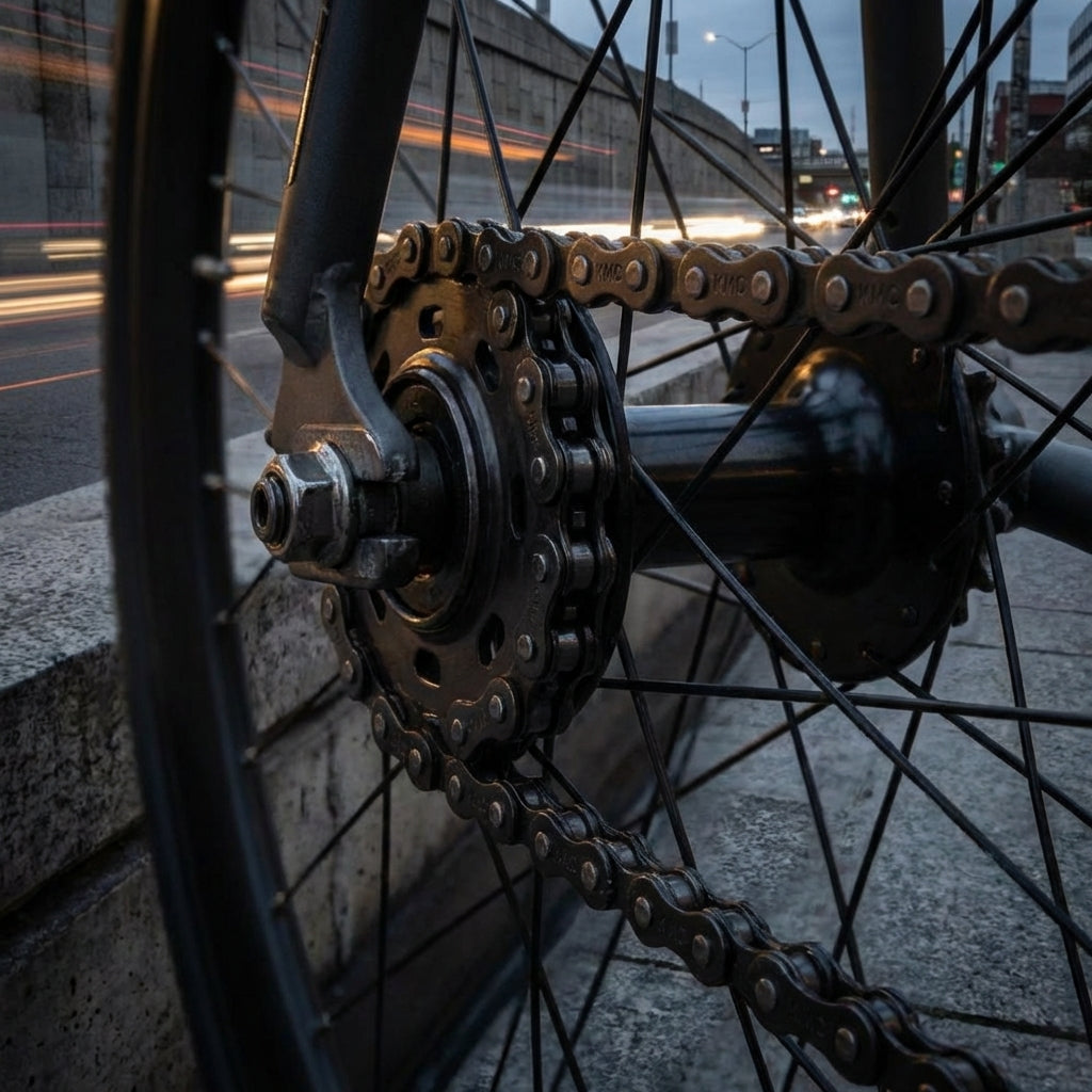 KMC B1 Wide Singlespeed Fahrradkette, schwarz, am Hinterrad eines Fahrrads in der Stadt mit Lichtspuren im Hintergrund