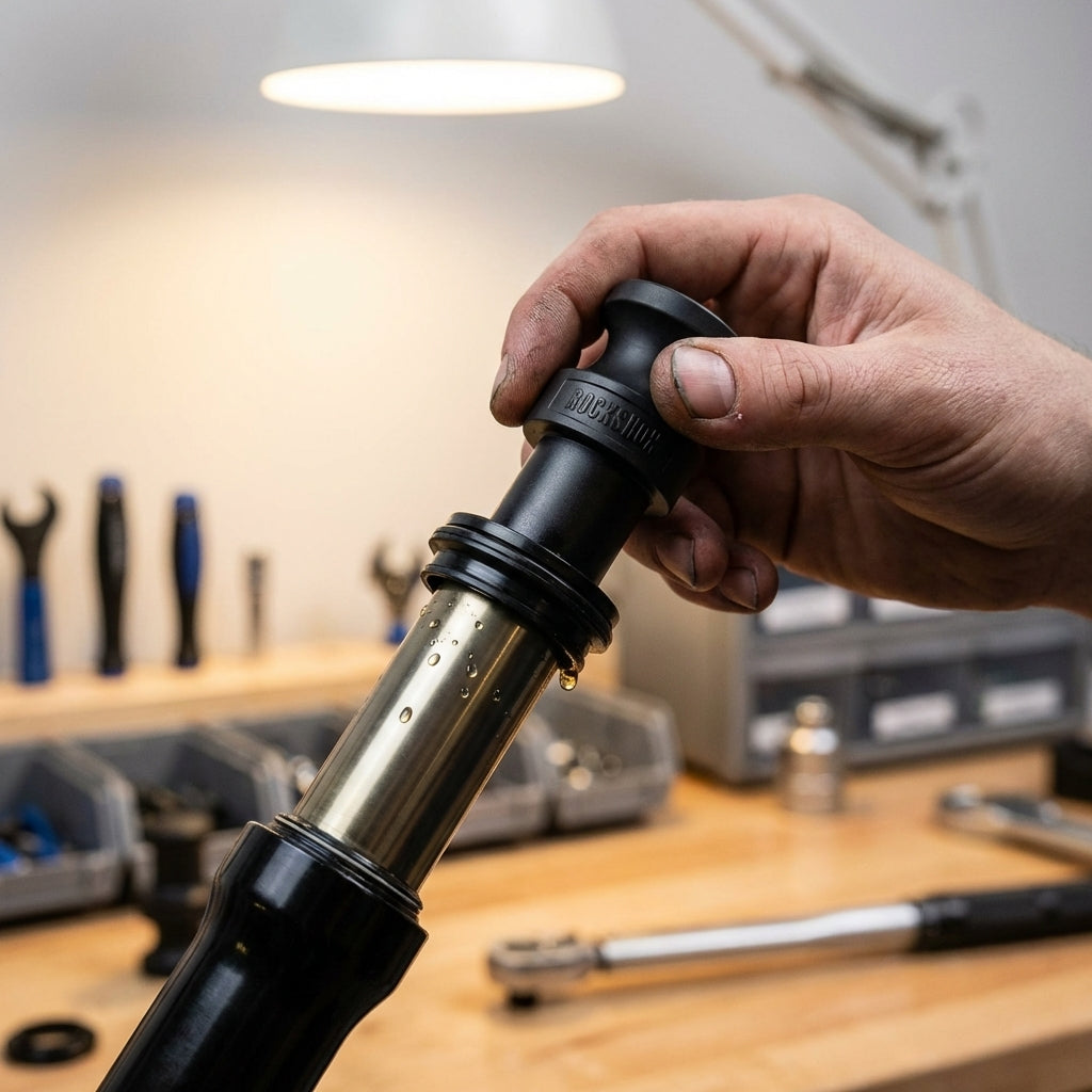 Hand montiert RockShox 35mm Staubdichtung an Federgabel mit speziellem Werkzeug in einer Werkstatt.