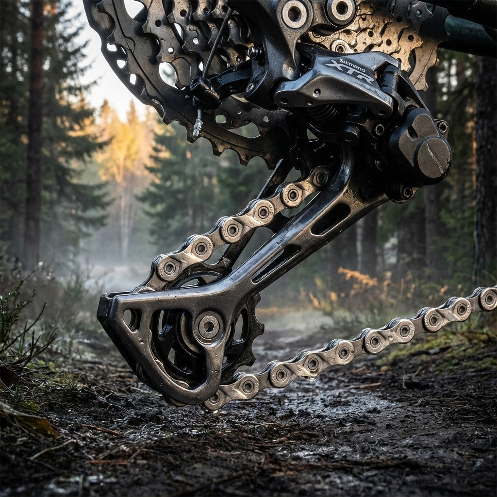 Detailaufnahme KMC X9 9-fach Fahrradkette silber-grau am Mountainbike auf Waldweg.
