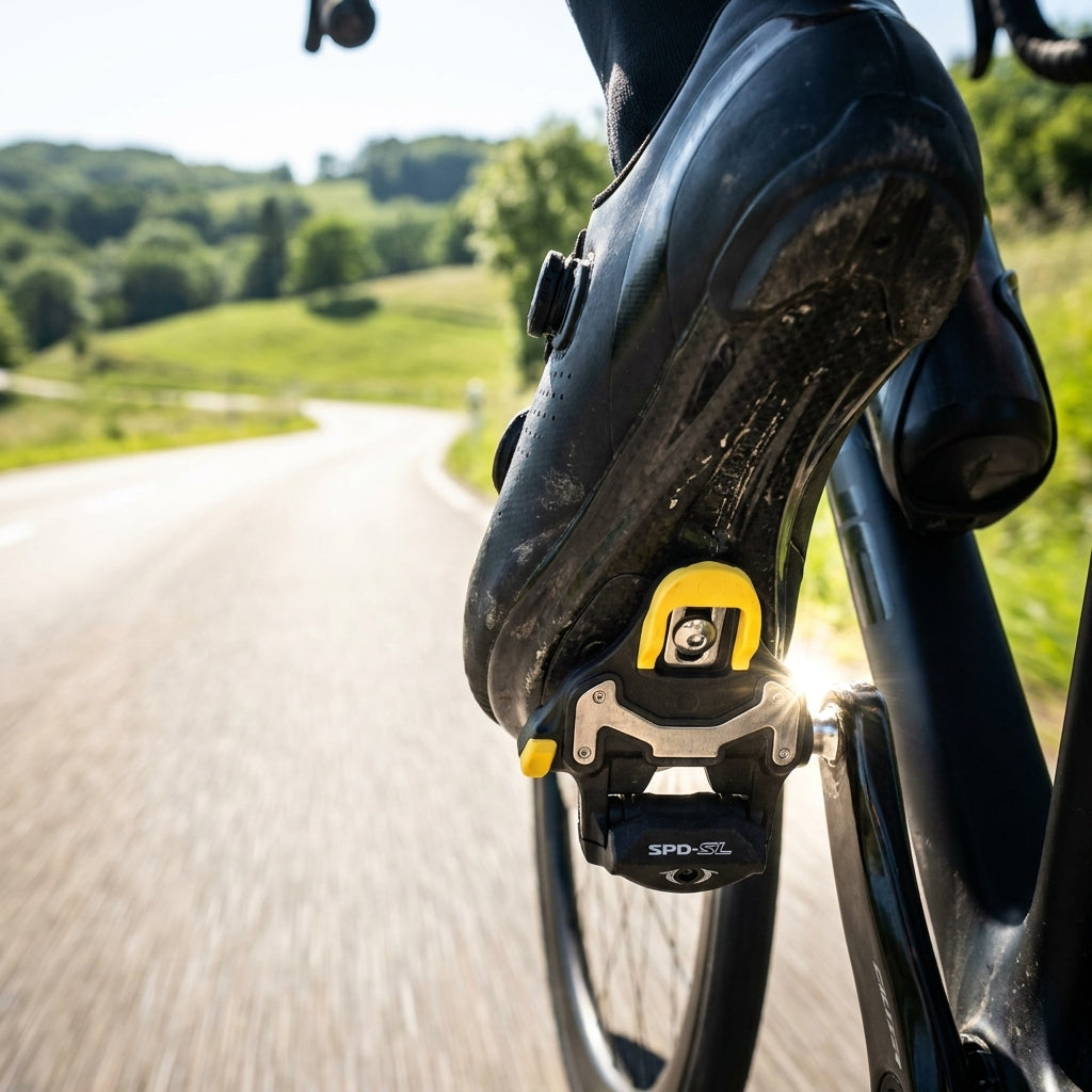 Gelbe SHIMANO SM-SH11 SPD-SL Schuhplatten mit 6 Grad Bewegungsfreiheit am Rennrad-Pedal.