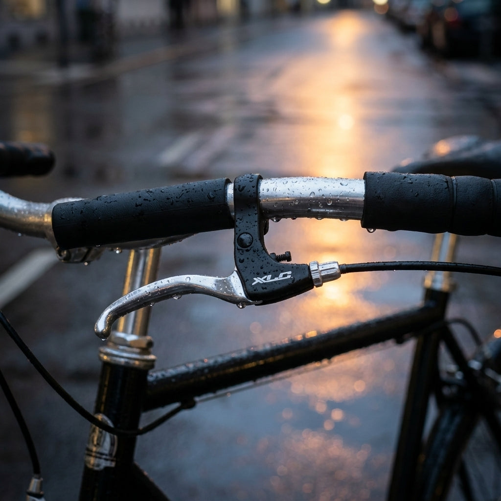 XLC Bremshebelset BL-V13 Alu schwarz/silber für Trommelbremse am Fahrradlenker, nass vom Regen.