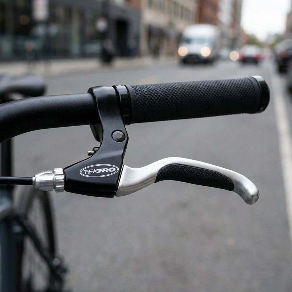 Tektro CL530-RS Bremshebel aus Aluminium in Silber und Schwarz am Fahrradlenker montiert.