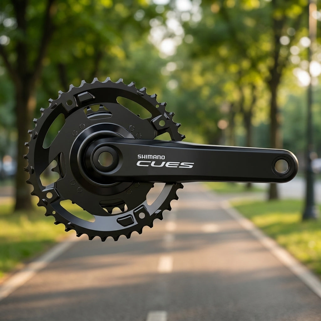 Schwarze SHIMANO CUES FC-U4010 Kurbelgarnitur mit 40-26T, 11-fach und 170mm Kurbelarmen auf Radweg.