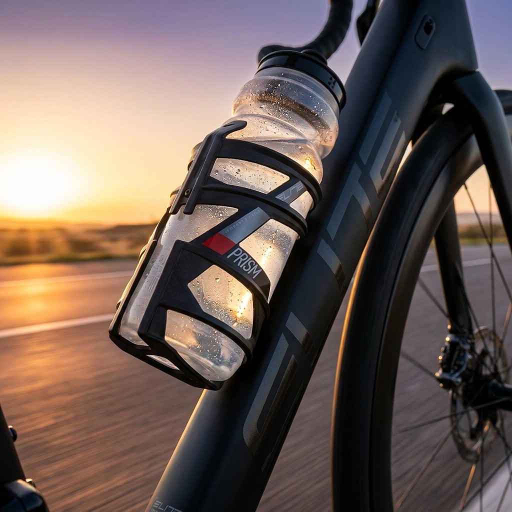 Elite Flaschenhalter PRISM Carbon rechts, schwarz-matt/rote Grafik, am Fahrrad im Sonnenlicht.