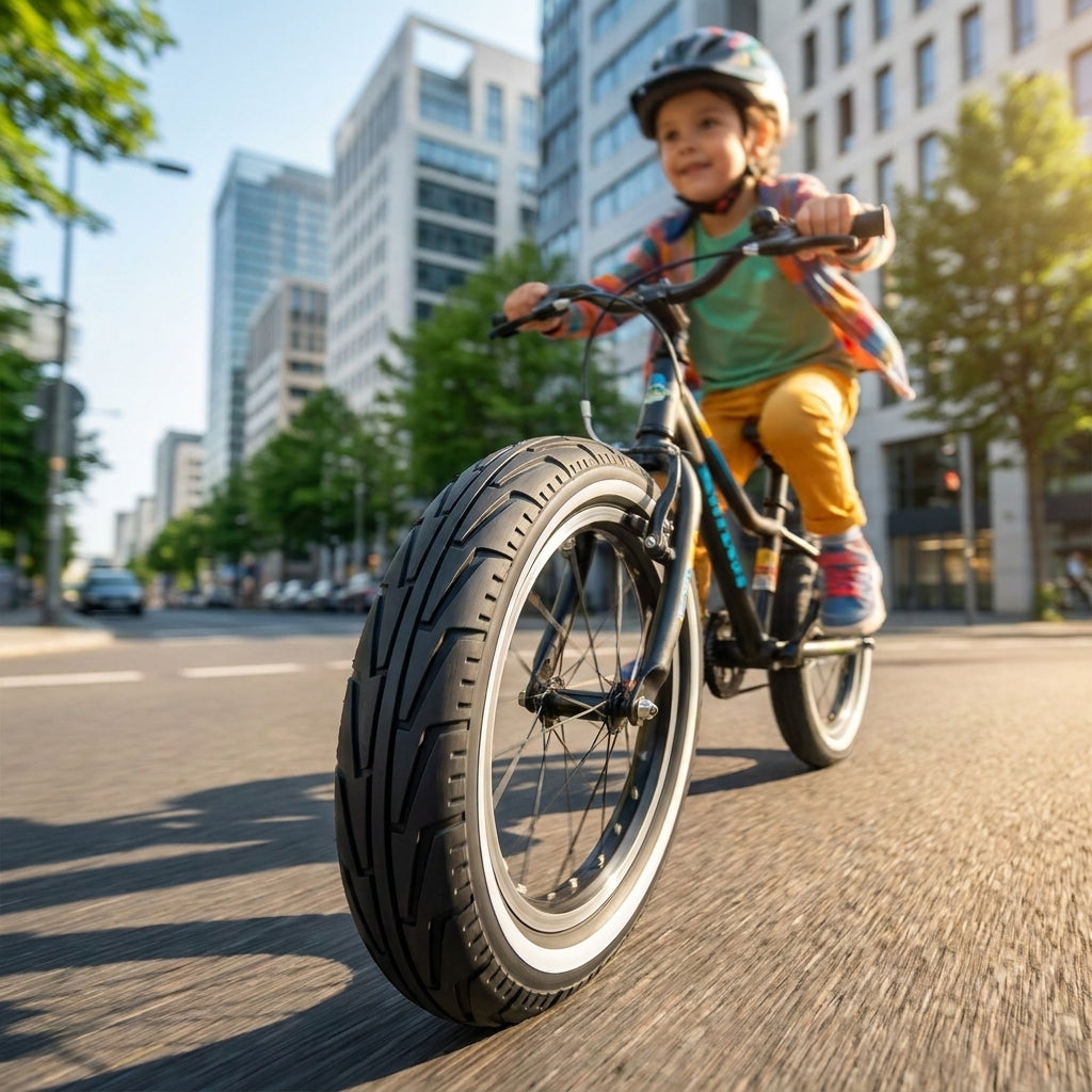 Glückliches Kind fährt Fahrrad mit Michelin City'J Access Line 20x1.75 schwarz/weiß Drahtreifen durch die Stadt.
