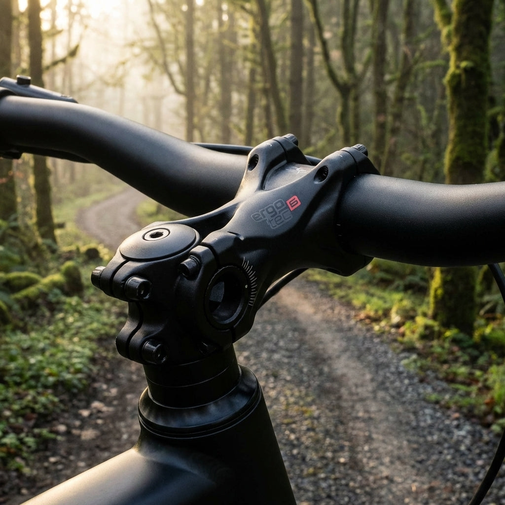 Ergotec Vorbau Swell X 35,0 mm am Fahrradlenker auf nebligem Waldweg.