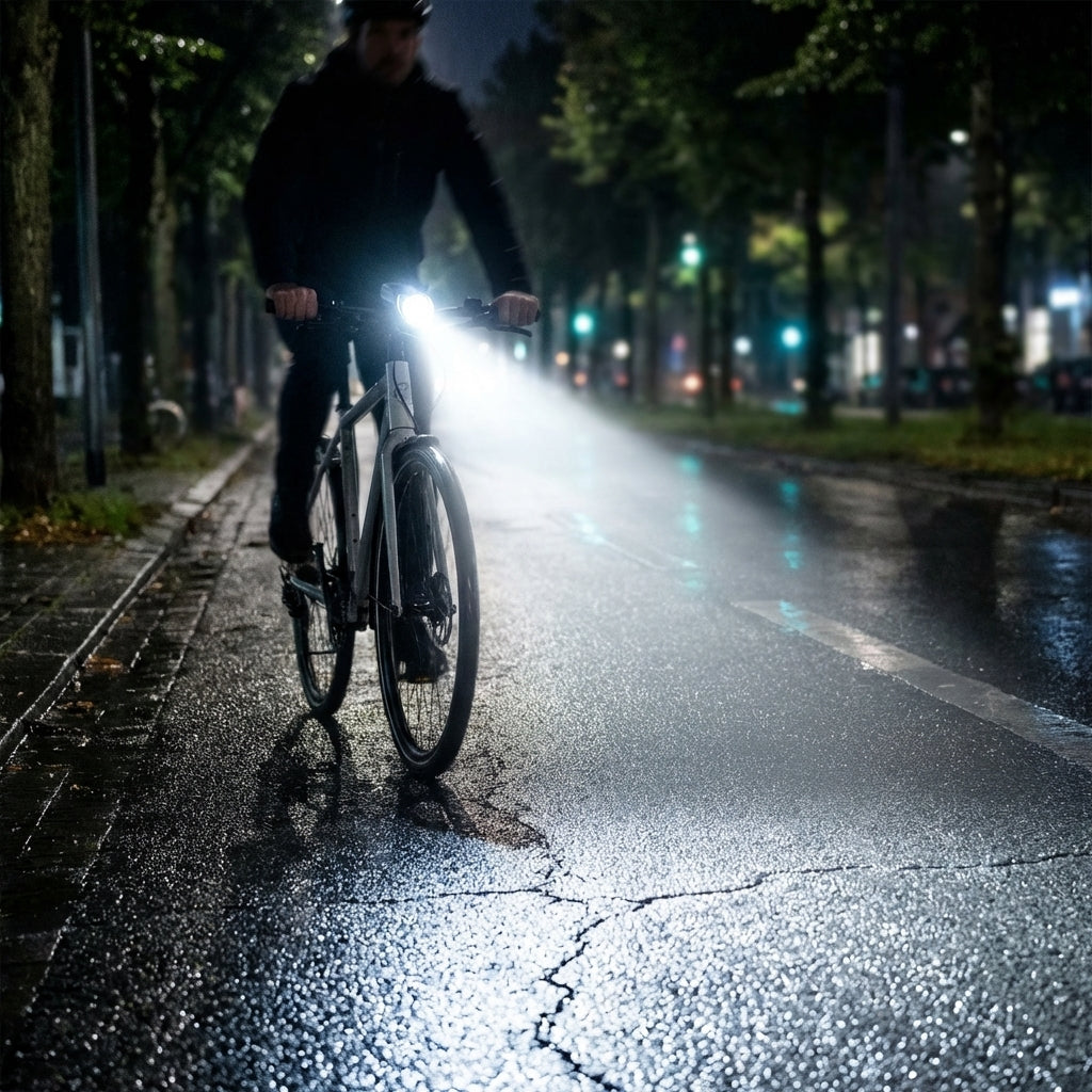 Busch&Müller Ixon IQ Premium 80 Lux LED-Akkuscheinwerfer am Fahrrad bei Nachtfahrt auf nasser Straße.