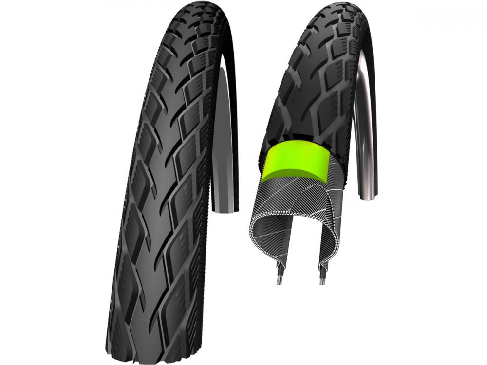 Schwalbe Marathon Drahtreifen 28x1.40 Zoll mit Profil, Schnitt zeigt grünen Pannenschutz.
