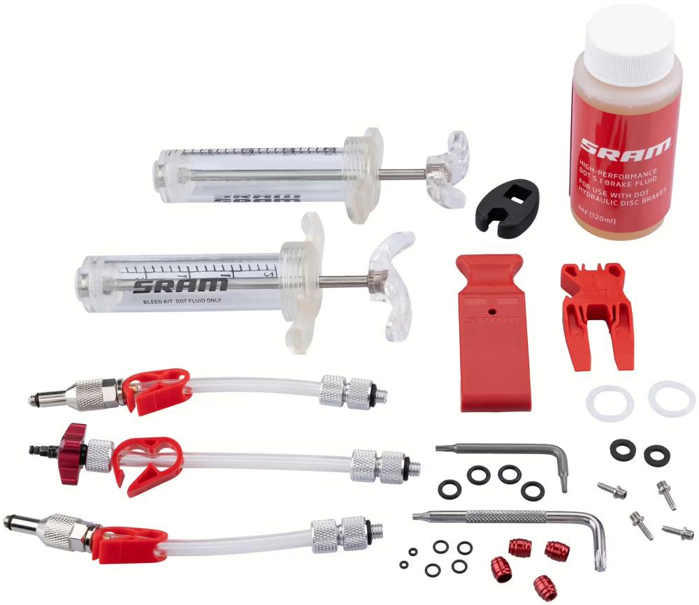 SRAM Pro V2 Scheibenbremsen Entlüftungs-Kit inkl. DOT5.1 Bremsflüssigkeit, Spritzen, Schläuchen und Werkzeugen.