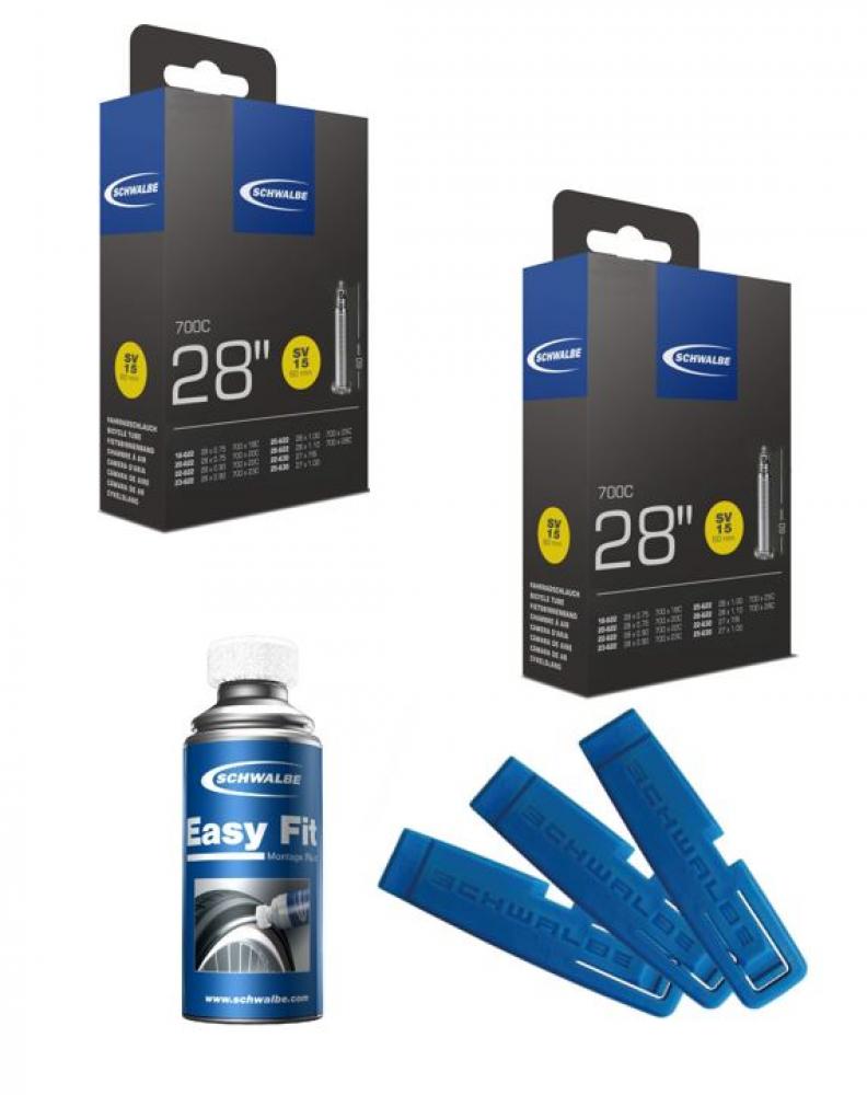 Schwalbe Fahrrad-Set: 2x SV15 Schläuche 28x0.75-1.10" 60mm, Easy Fit Montagefluid 50ml, 3 Reifenheber.