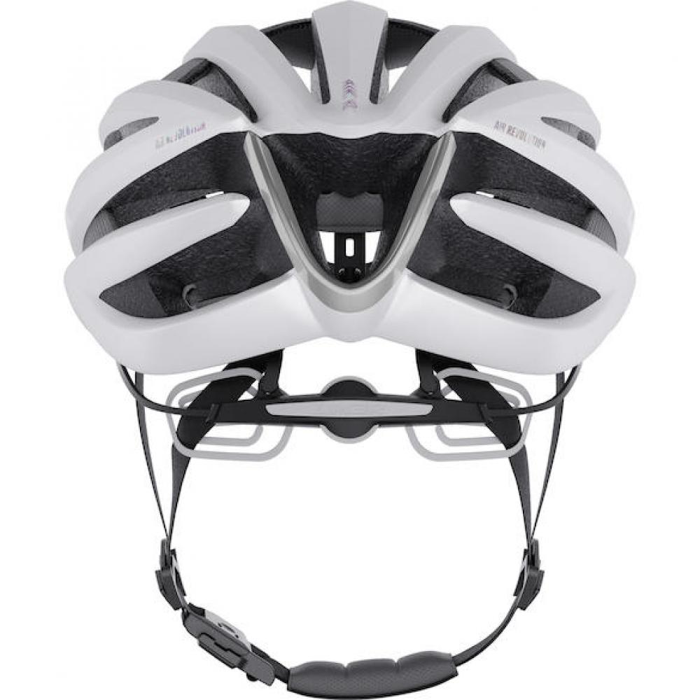 Limar Air Pro Fahrradhelm weiß, ultraleichter Carbon-Coretech Road-Helm, Rückansicht mit Riemen und Verstellrad.