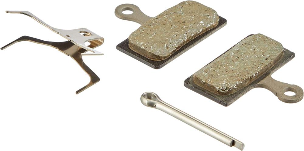 Shimano G05S-RX Resin Scheibenbremsbeläge mit Feder und Splint für XTR/XT/SLX/Deore/Alfine Bremssysteme.