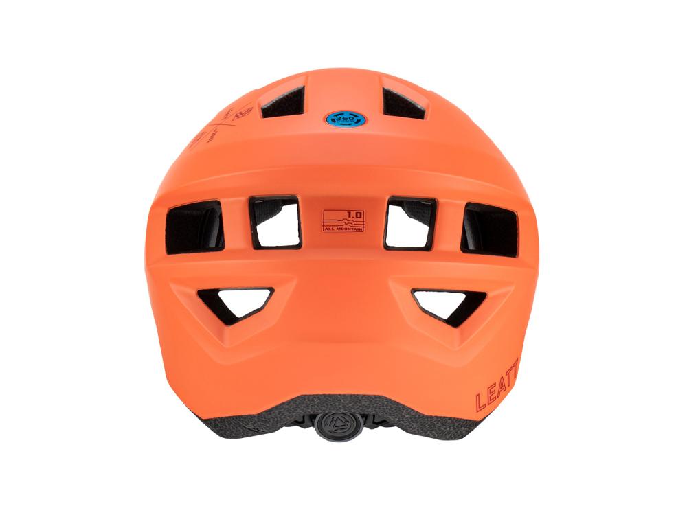 Leatt Helm MTB All Mountain 1.0 in Peach Orange, Modell 2023. Mountainbike-Helm mit 360-Technologie, Rückansicht.