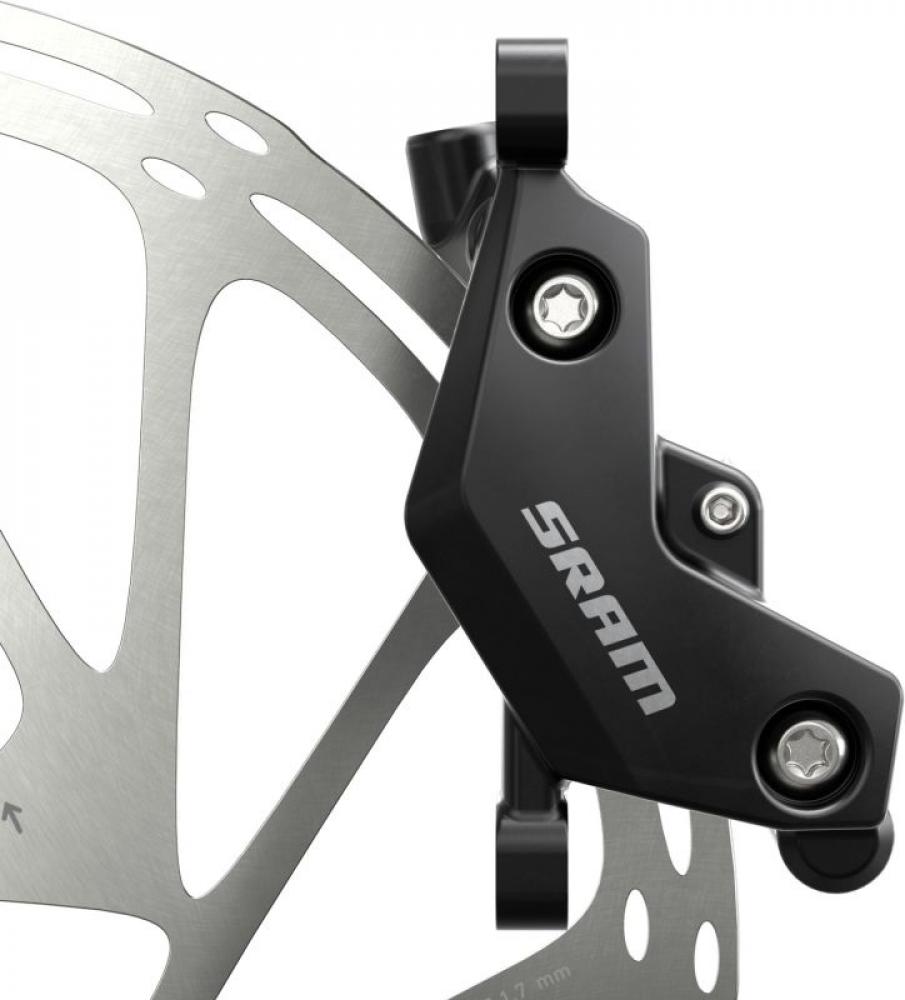 SRAM DB4 Scheibenbremse vorne im Stealth-Design: schwarzer Bremssattel mit SRAM Logo, silberner Rotor. Leistungsstark, wartun