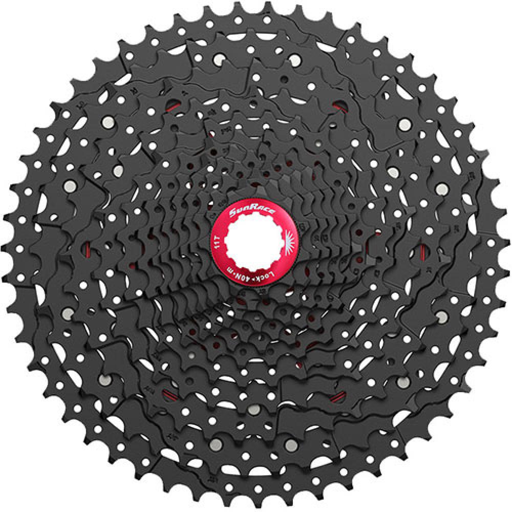 Schwarze SunRace CSRZ800 12-fach Kassette 11-42T mit rotem Lockring für Gravel- und Rennräder.
