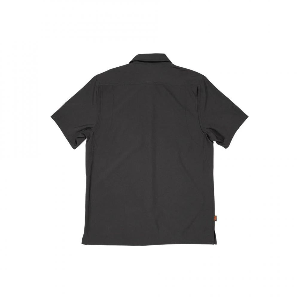 Schwarzes FOX Shop Shirt Unisex XL, Rückansicht des kurzärmeligen Hemdes mit Kragen.