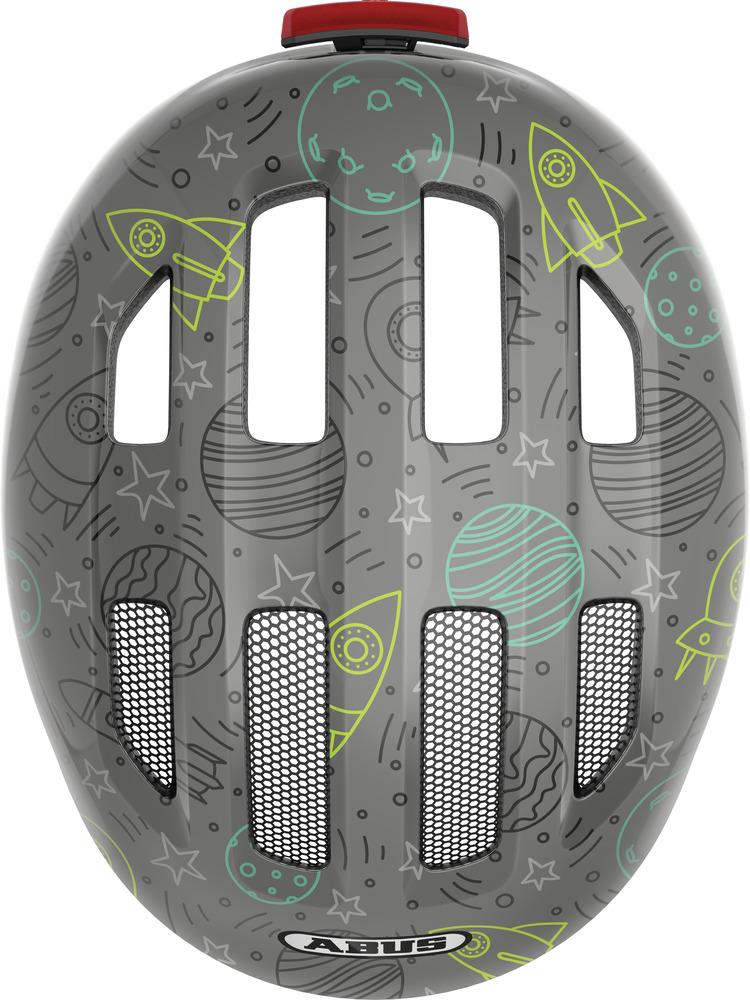 Abus Kinderhelm Smiley 3.0 LED, grau, mit Weltraumdesign (Raketen, Planeten), S 45-50cm.