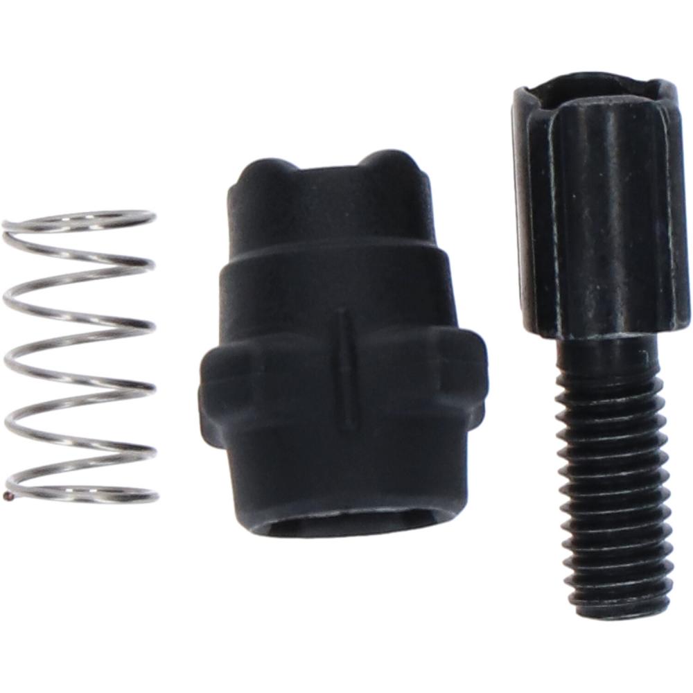 Shimano Alivio Seileinstellschraube für Schaltzug mit schwarzer Einstellschraube, Kappe und silberner Feder.