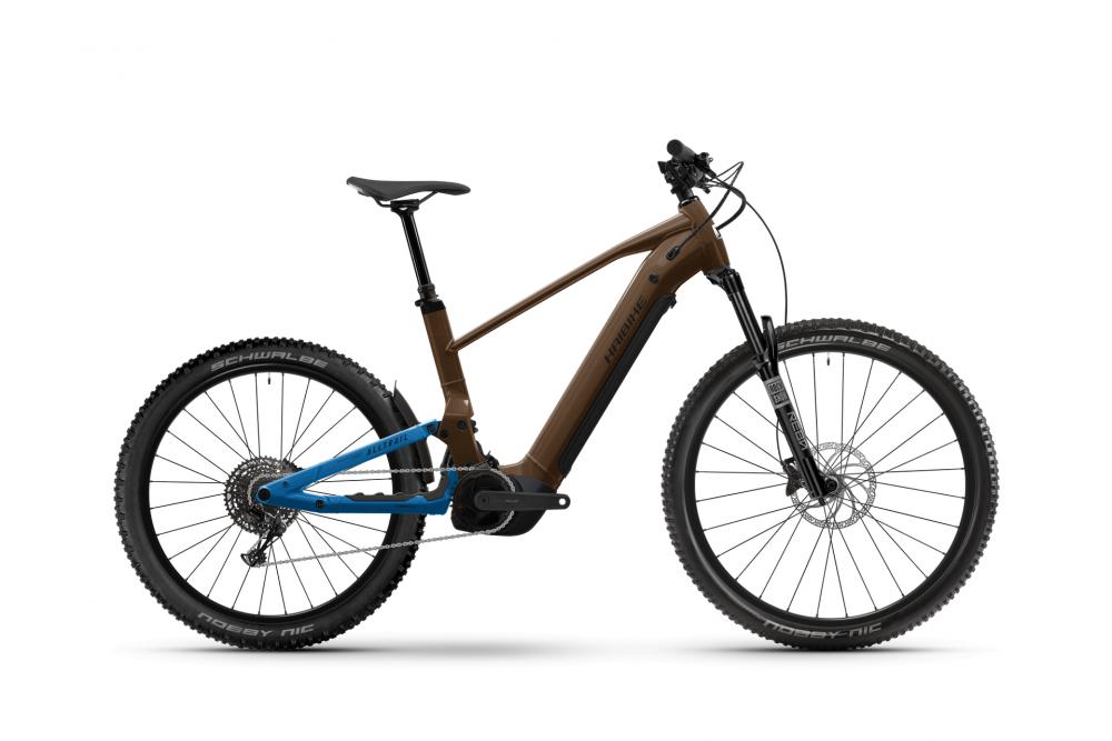 Haibike AllTrail 6 Fully E-MTB, brauner Leder-Rahmen, blaue Glanz-Schwinge, 29/27,5 Zoll, Bosch Motor, SRAM Schaltung.