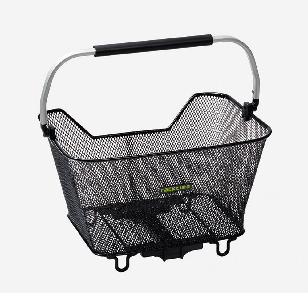 Racktime Fahrradkorb Bask-it Deluxe 2.0, schwarzer Metall-Gitterkorb mit silbernem Tragegriff.