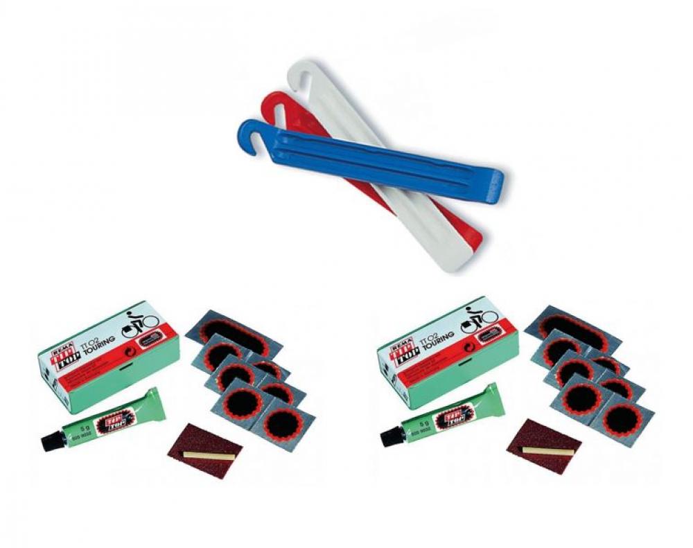 Zefal Reifenheber DP20 3er-Set blau-weiß-rot und zwei Tip-Top TT02 Reparatursets mit Flickzeug für Fahrräder.