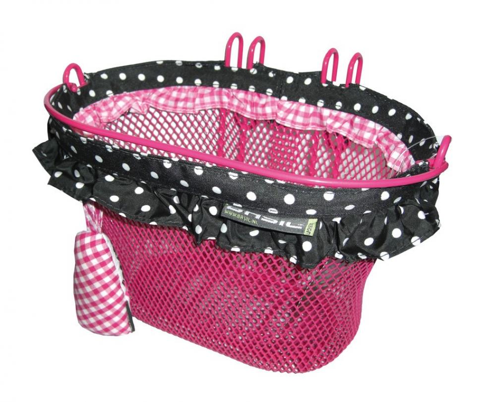 Basil Kinderfahrradkorb Jasmin Baboushka Pink mit schwarzem Polka-Dot-Stoff und pink-kariertem Innenfutter.