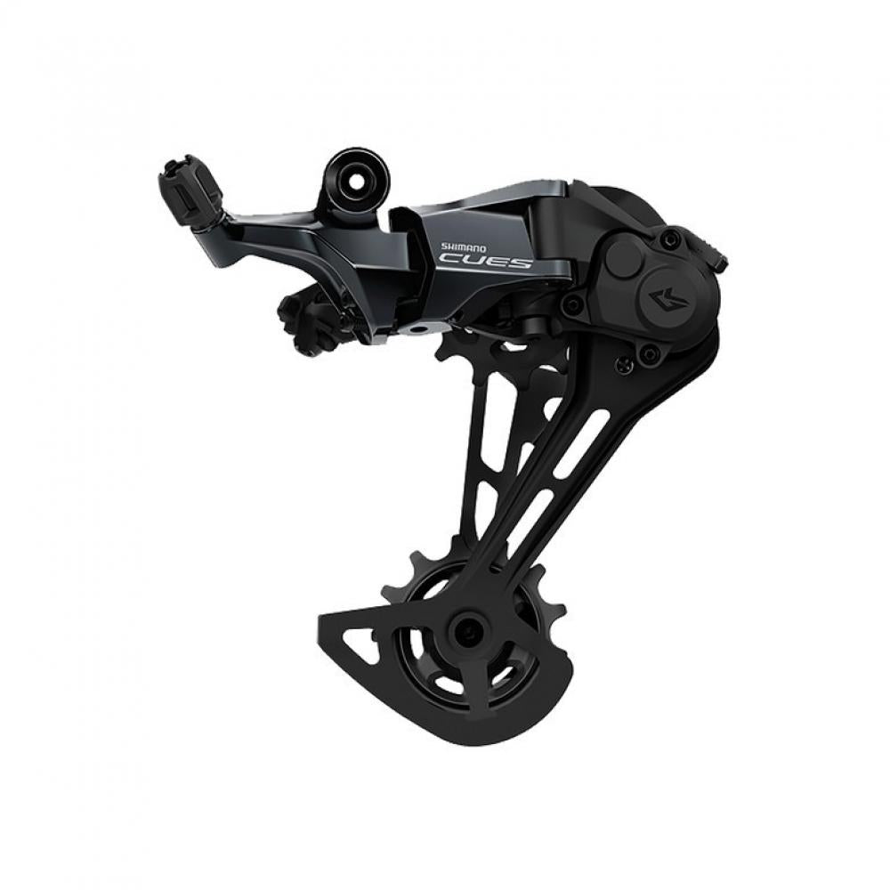 Schwarzes SHIMANO CUES RD-U8000 11-fach Schaltwerk mit mittellangem Käfig für Fahrräder.