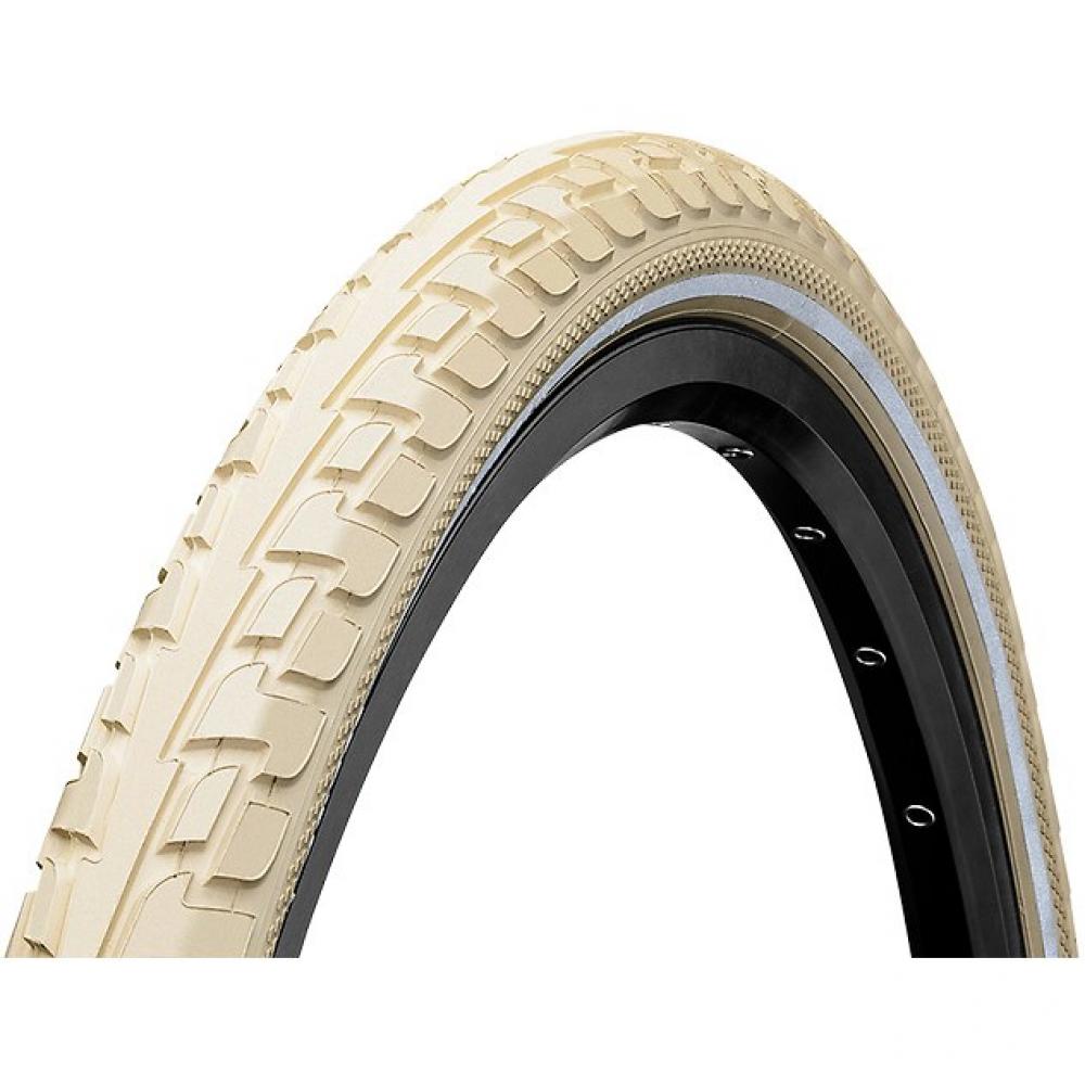 Continental Ride Tour Fahrradreifen 28x1.60" creme mit Reflexstreifen E-25 Draht auf schwarzer Felge.