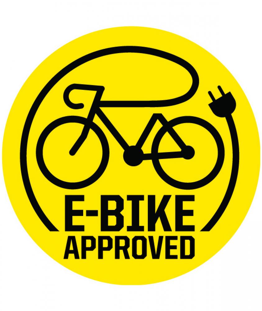 Gelbes E-Bike Approved Logo mit schwarzem Fahrrad und Stecker, passend für Kryptonite Keeper 790 Kettenschloss.