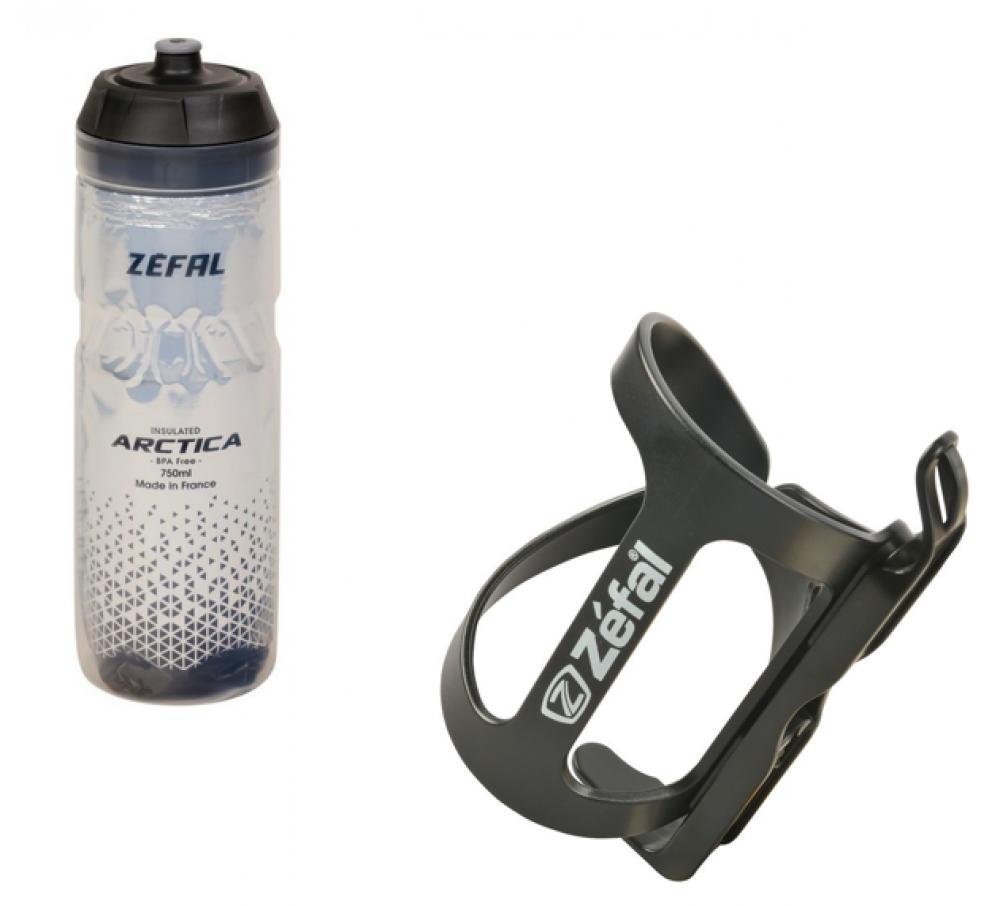 Zefal Arctica 750ml Trinkflasche silber/schwarz und Zefal WIIZ Flaschenhalter schwarz.