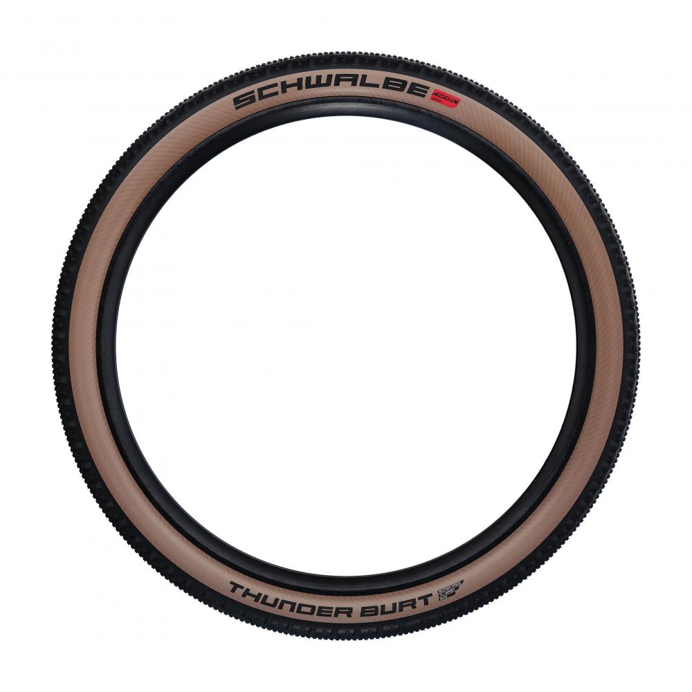Schwalbe Thunder Burt 29x2.10 Fahrradreifen schwarz/braun TLE faltbar auf weißem Hintergrund.