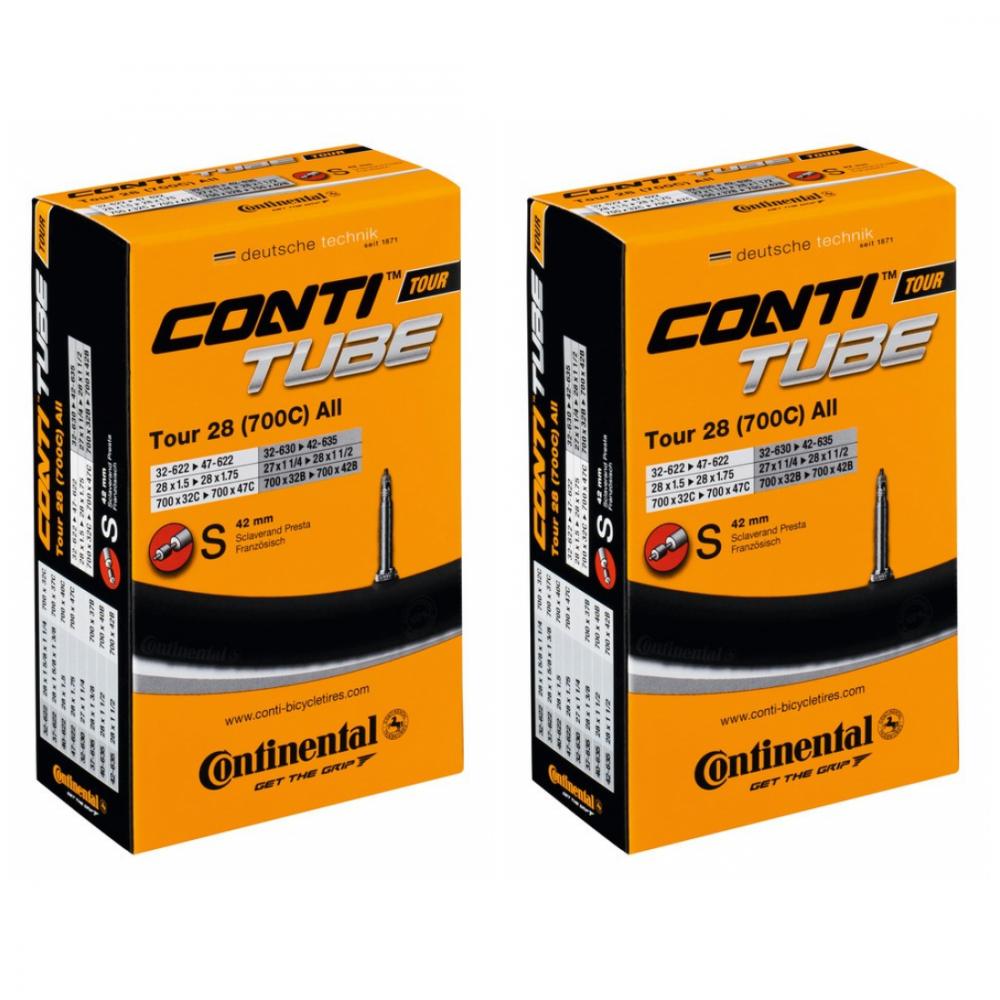 Zwei orange Continental Conti Tour 28 Fahrradschläuche 27/28x1 1/4-1.75 Zoll mit Sclaverandventil in Verpackung.