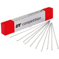 DT Swiss Competition Speichen 2.0/1.8 258mm silber, robuste, leichte Laufrad-Speichen fächerförmig vor Karton.