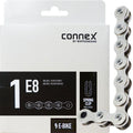 Connex 1E8 E-Bike Fahrradkette silber 1-fach Nickel verstärkt mit Federclip auf Verpackung und lose.