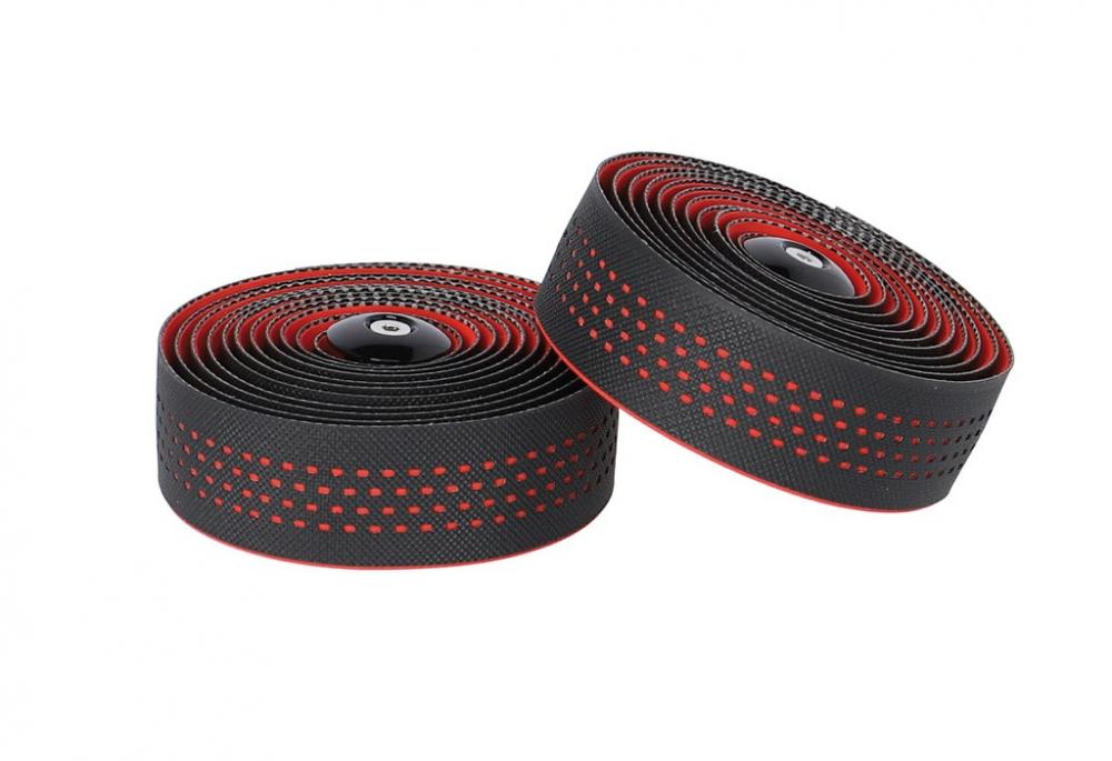 Ergotec Polster-Lenkerbandset San Remo schwarz-rot, 2000x30mm. Perforiertes Fahrradlenkerband auf weiß.